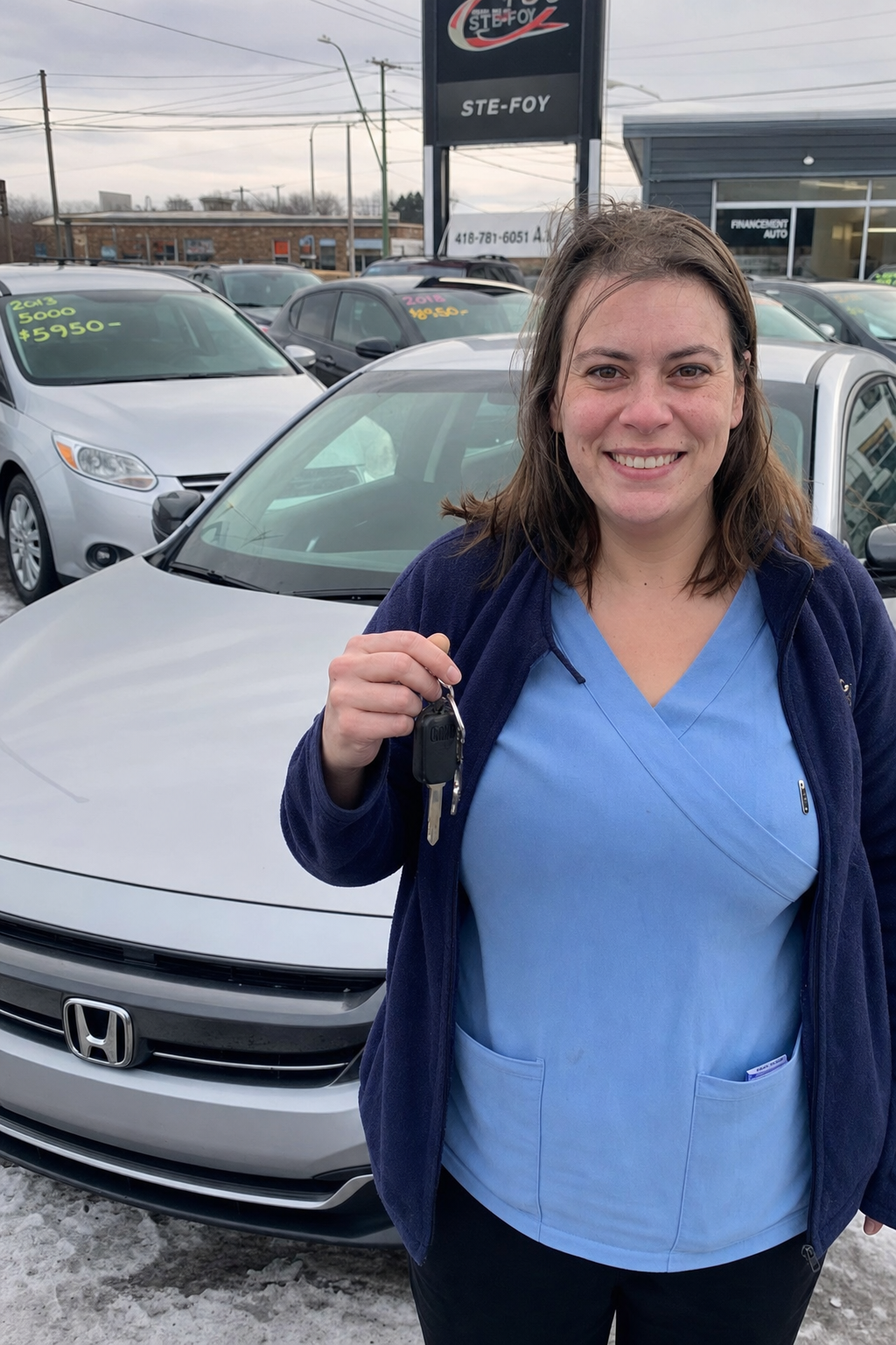 Person receiving car keys at a dealership